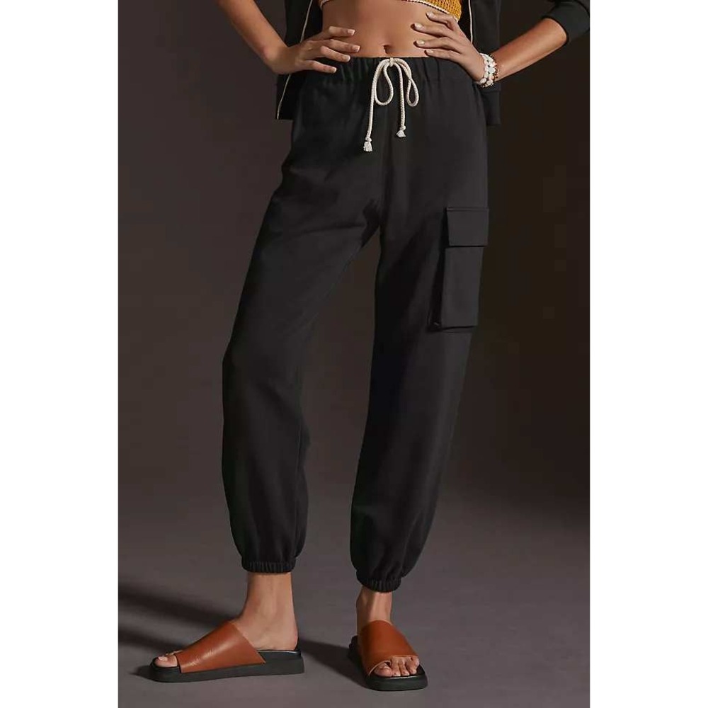 Donni Terry Cargo Joggers Black Elastic Waist Sweatpants Large